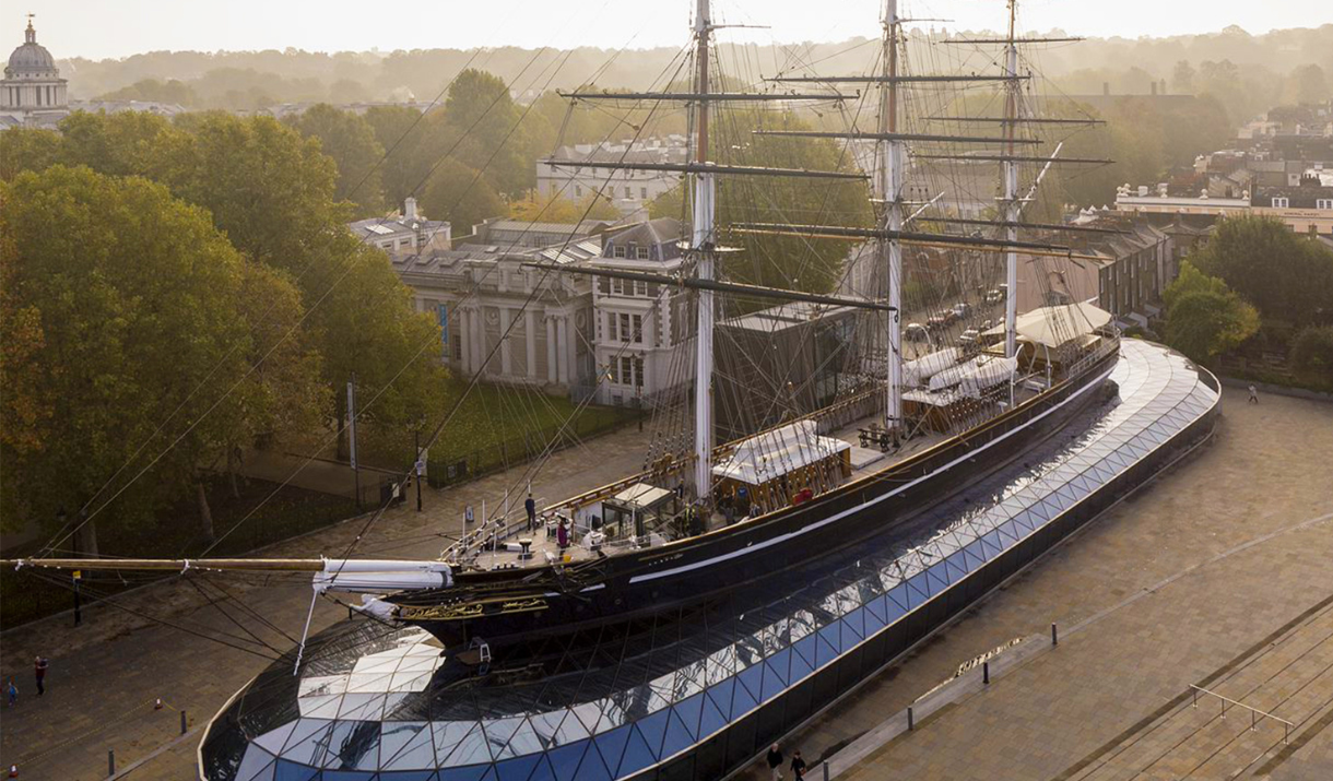 The Cutty Sark from above on Cutty Sark Gardens in Greenwich